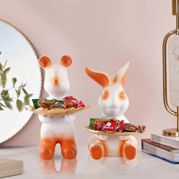 Set of 2 Rabbit Figurines Decorative Home Animal Statues