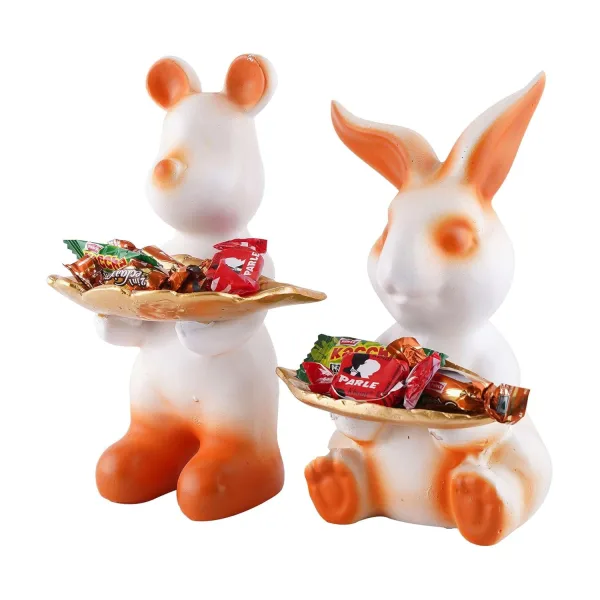 Set of 2 Rabbit Figurines Decorative Home Animal Statues