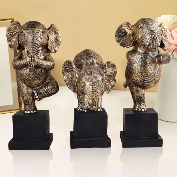 Polyresin Golden Elephant Showpiece Set of 3 Decor