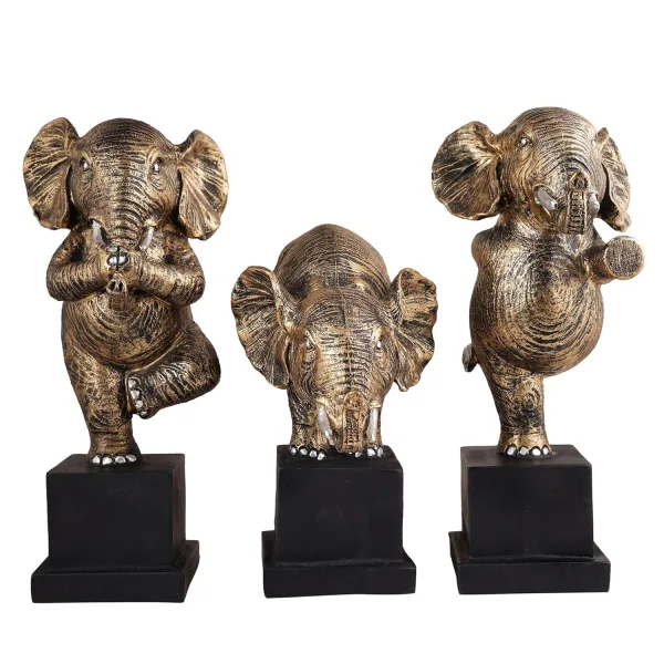 Polyresin Golden Elephant Showpiece Set of 3 Decor