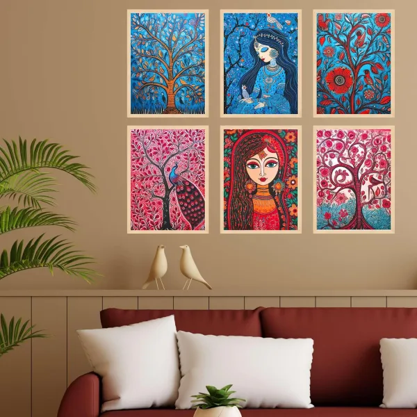 Madhubani Wall Paintings Set of Six for Wall Dacoration Large Framed Wall Paintings for Living Room & Bedroom