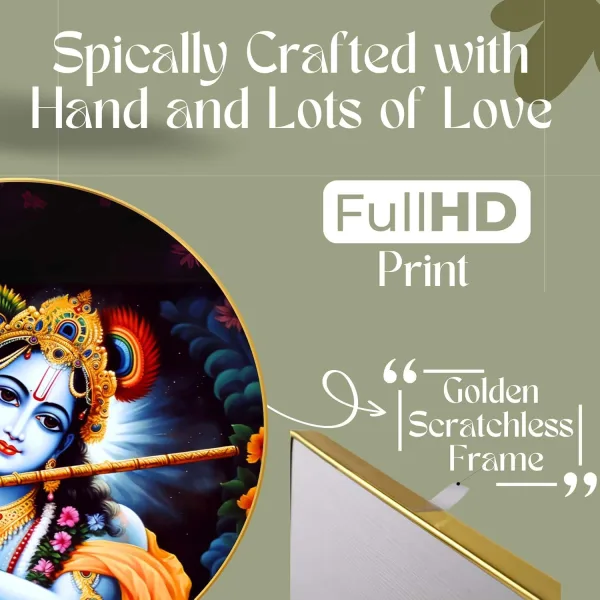 Radha Krishna Wall Painting for Wall Decoration with Frame Sparkle Glossy Round Golden Framed