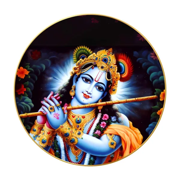 Radha Krishna Wall Painting for Wall Decoration with Frame Sparkle Glossy Round Golden Framed