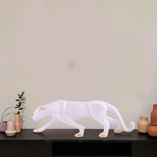 White Golden Panther Sitting Position Animal Showpiece Antique Sculpture for Home Decor