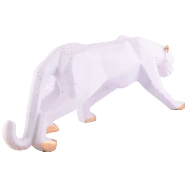 White Golden Panther Sitting Position Animal Showpiece Antique Sculpture for Home Decor