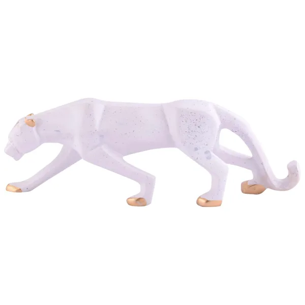White Golden Panther Sitting Position Animal Showpiece Antique Sculpture for Home Decor
