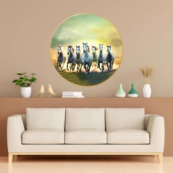 Seven Horses Vastu Wall Painting Large Golden Frame