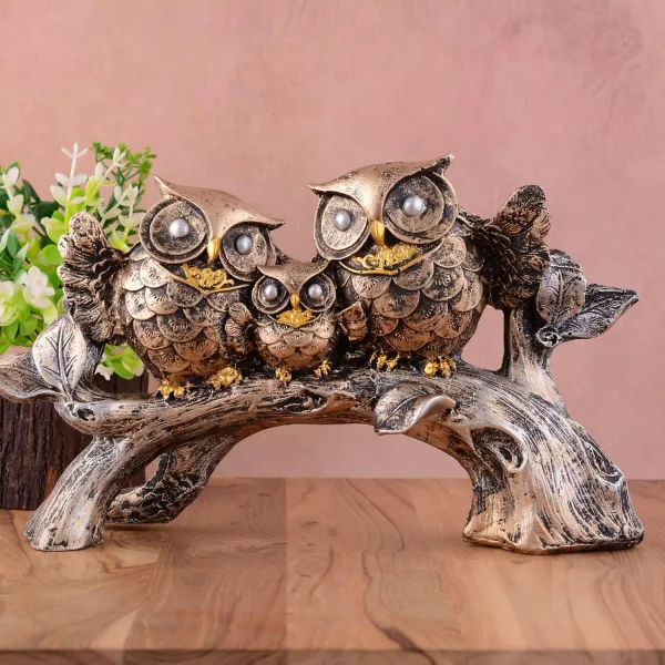 Owl Family Sitting on Tree Decorative Bird Statue for Home Decor