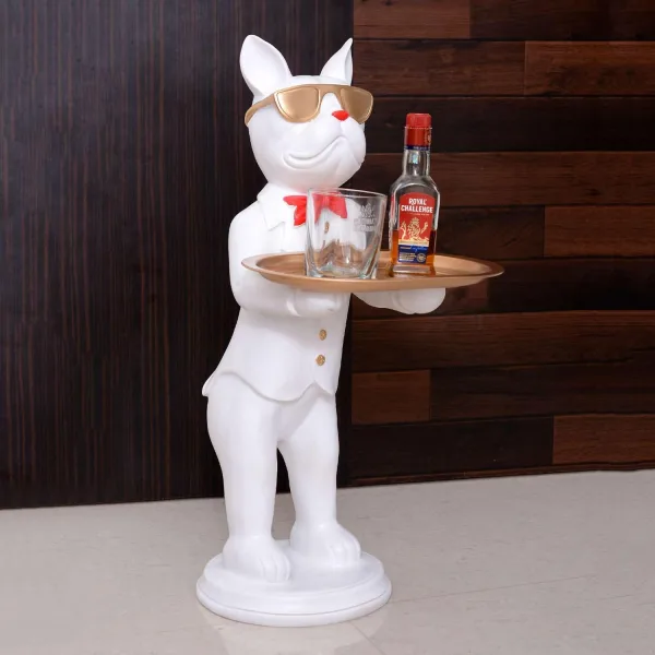 Cool Dog Showpiece with Plate White Color Decorative Home Item