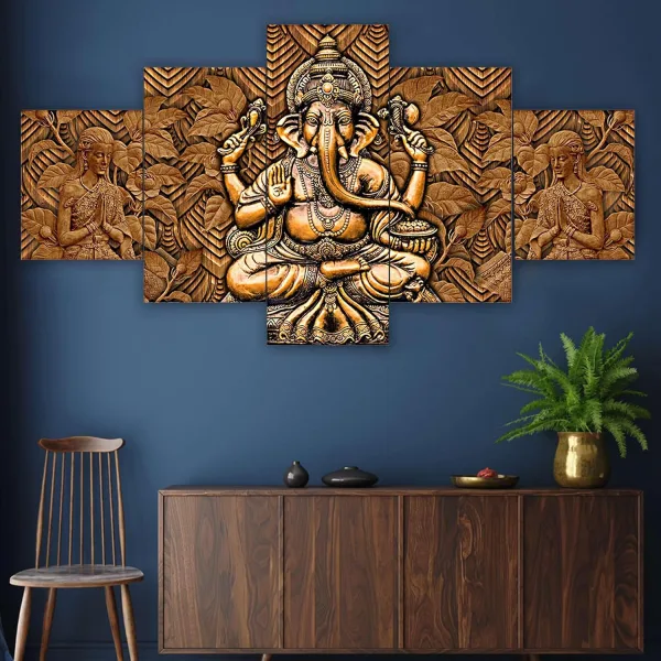 MDF Framed 3D Wall Painting Ganpati Set of 5 Living Room Decor