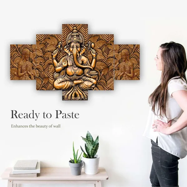 MDF Framed 3D Wall Painting Ganpati Set of 5 Living Room Decor