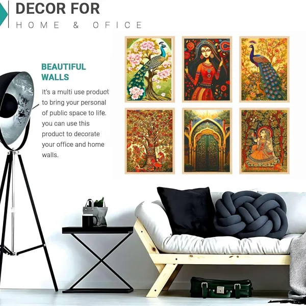 Madhubani Wall Paintings Set of Six for Wall Dacoration Large Framed Wall Paintings for Living Room & Bedroom
