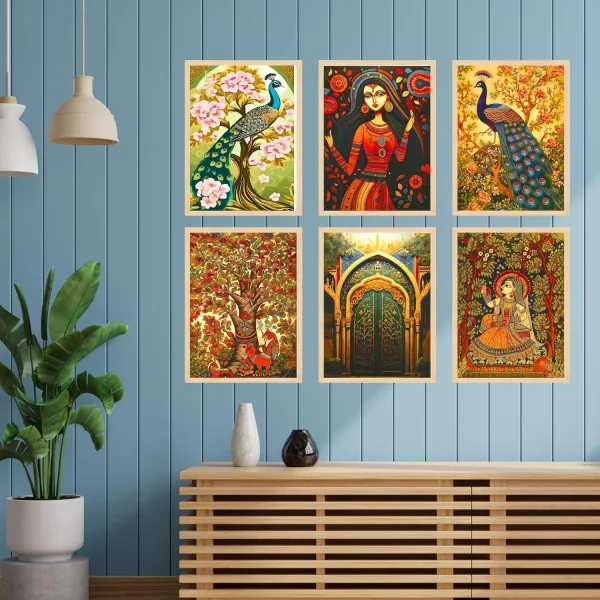 Madhubani Wall Paintings Set of Six for Wall Dacoration Large Framed Wall Paintings for Living Room & Bedroom