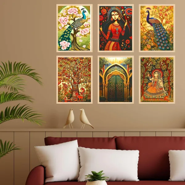 Madhubani Wall Paintings Set of Six for Wall Dacoration Large Framed Wall Paintings for Living Room & Bedroom