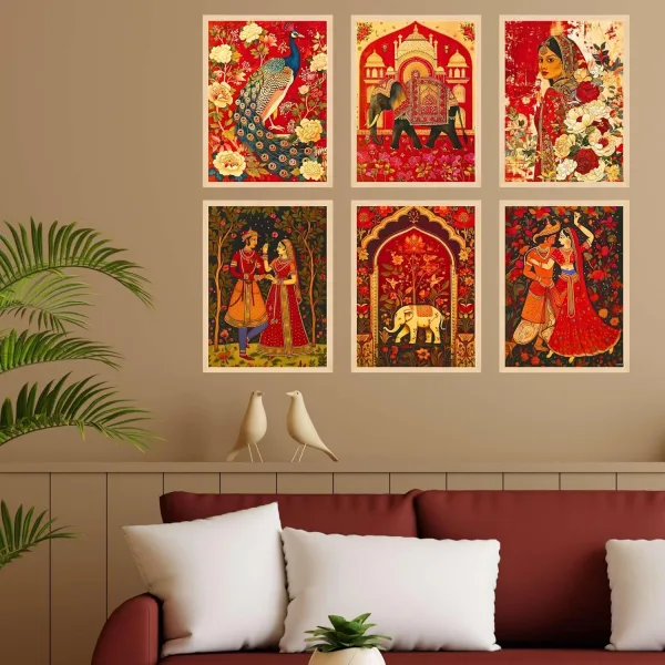 Madhubani Wall Paintings Set of Six for Wall Dacoration Large Framed Wall Paintings for Living Room & Bedroom