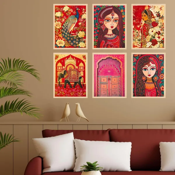 Madhubani Wall Paintings Set of Six for Wall Dacoration Large Framed Wall Paintings for Living Room & Bedroom