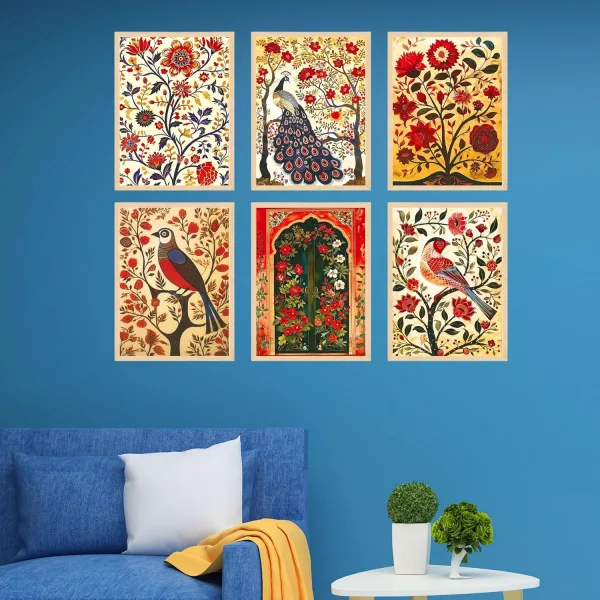 Madhubani Wall Paintings Set of Six for Wall Dacoration Large Framed Wall Paintings for Living Room & Bedroom