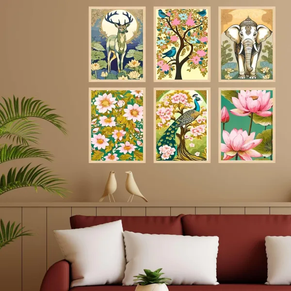 Madhubani Wall Paintings Set of Six for Wall Dacoration Large Framed Wall Paintings for Living Room & Bedroom