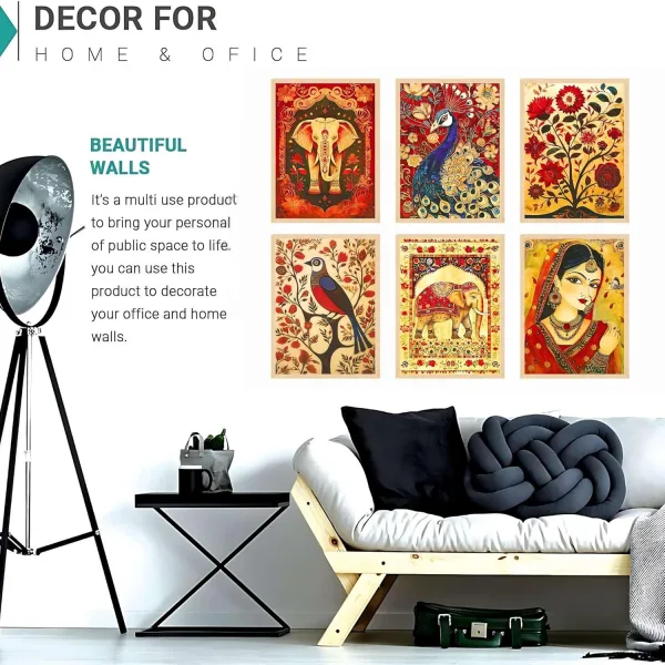 Madhubani Wall Paintings Set of Six for Wall Dacoration Large Framed Wall Paintings for Living Room & Bedroom