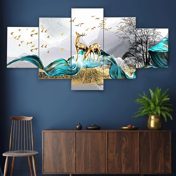 MDF Framed 3D Wall Painting Set of Five for Home Decoration, Big Size Painting for Living Room