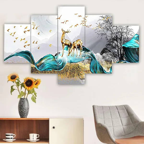 MDF Framed 3D Wall Painting Set of Five for Home Decoration, Big Size Painting for Living Room
