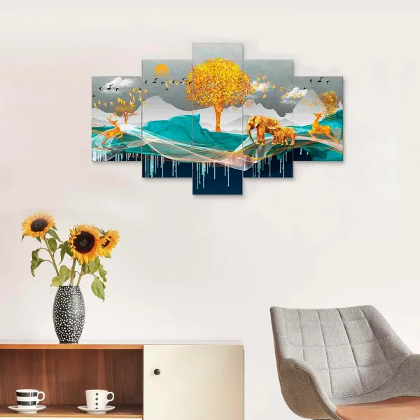 MDF Framed 3D Wall Painting Set of Five for Home Decoration, Big Size Painting for Living Room