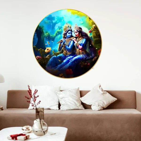 Radha Krishna Wall Painting for Wall Decoration with Frame Sparkle Glossy Round Golden Framed