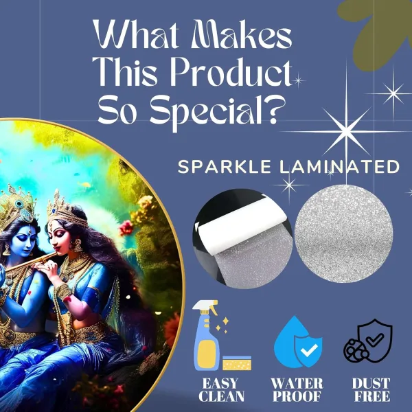 Radha Krishna Wall Painting for Wall Decoration with Frame Sparkle Glossy Round Golden Framed