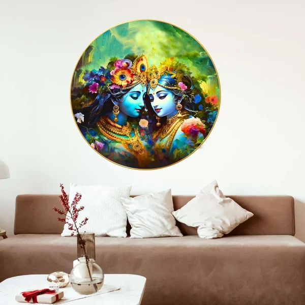 Radha Krishna Wall Painting for Wall Decoration with Frame Sparkle Glossy Round Golden Framed