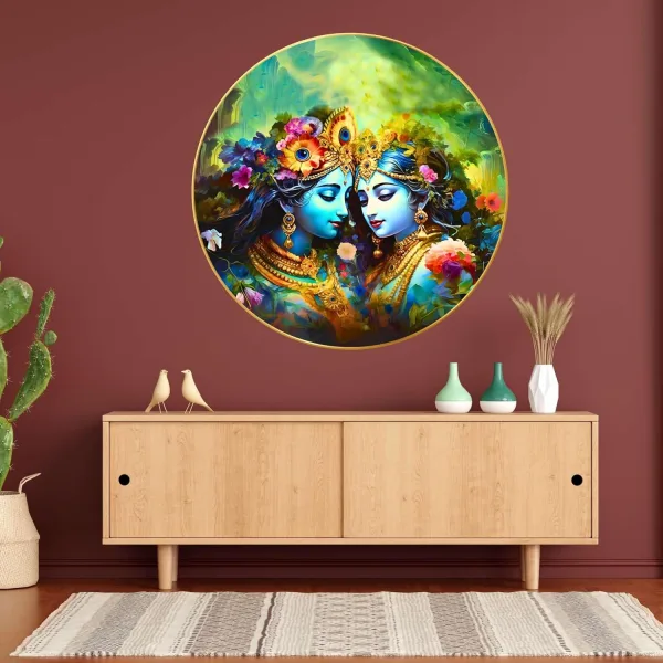 Radha Krishna Wall Painting for Wall Decoration with Frame Sparkle Glossy Round Golden Framed