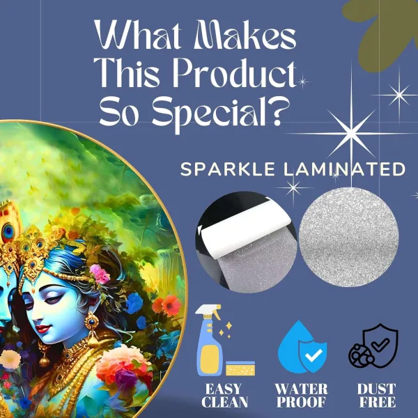 Radha Krishna Wall Painting for Wall Decoration with Frame Sparkle Glossy Round Golden Framed