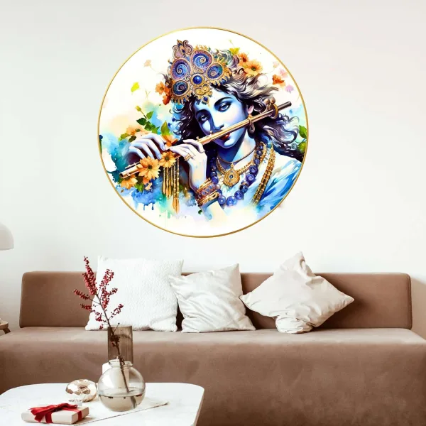 Radha Krishna Wall Painting for Wall Decoration with Frame Sparkle Glossy Round Golden Framed