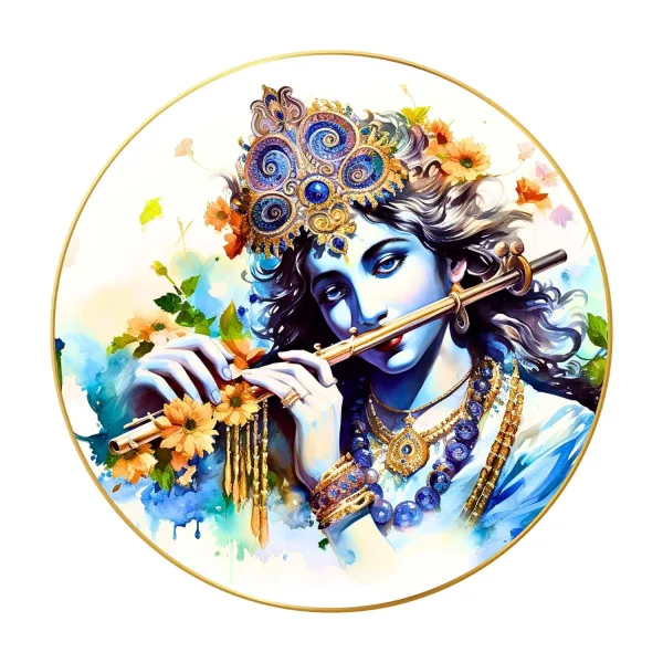 Radha Krishna Wall Painting for Wall Decoration with Frame Sparkle Glossy Round Golden Framed