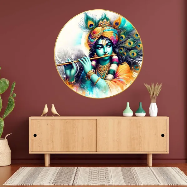 Radha Krishna Wall Painting for Wall Decoration with Frame Sparkle Glossy Round Golden Framed