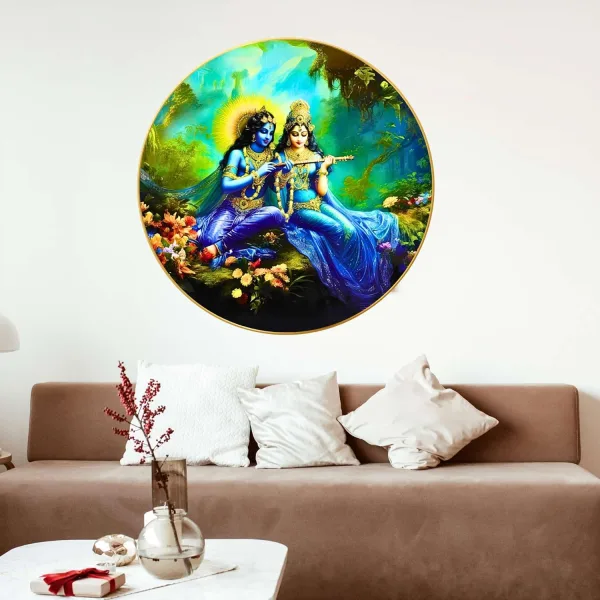 Radha Krishna Wall Painting for Wall Decoration with Frame Sparkle Glossy Round Golden Framed