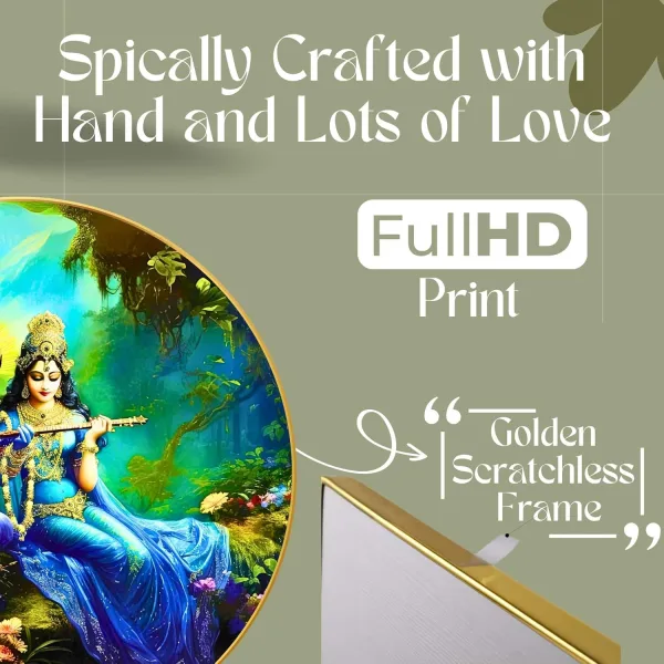 Radha Krishna Wall Painting for Wall Decoration with Frame Sparkle Glossy Round Golden Framed