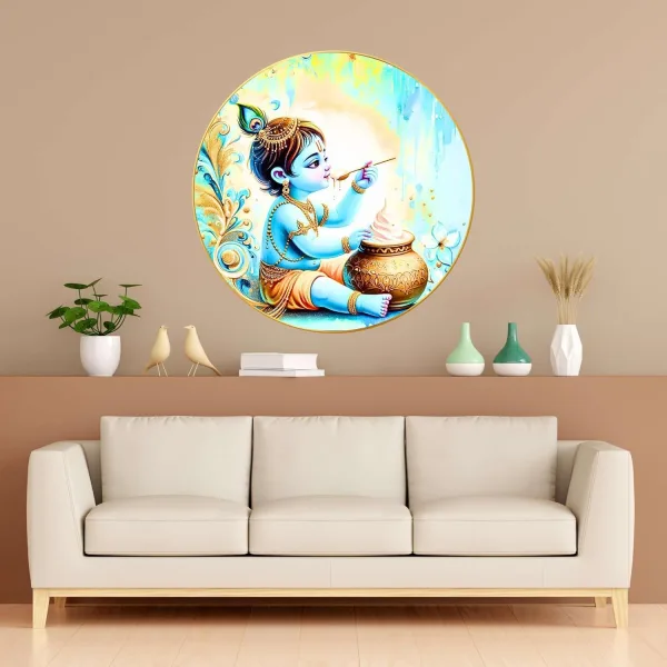 Radha Krishna Wall Painting for Wall Decoration with Frame Sparkle Glossy Round Golden Framed