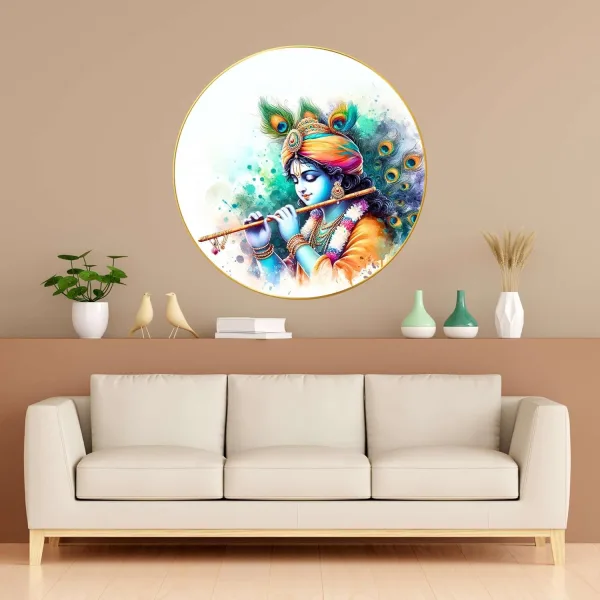 Radha Krishna Wall Painting for Wall Decoration with Frame Sparkle Glossy Round Golden Framed