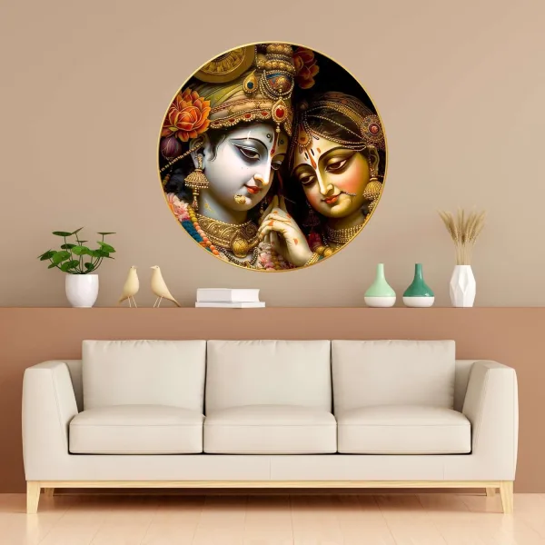 Radha Krishna Wall Painting for Wall Decoration with Frame Sparkle Glossy Round Golden Framed