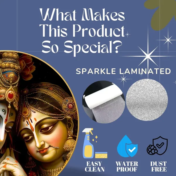 Radha Krishna Wall Painting for Wall Decoration with Frame Sparkle Glossy Round Golden Framed