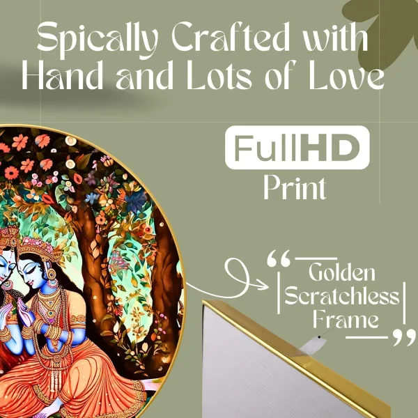 Radha Krishna Wall Painting for Wall Decoration with Frame Sparkle Glossy Round Golden Framed