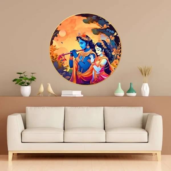 Radha Krishna Wall Painting for Wall Decoration with Frame Sparkle Glossy Round Golden Framed