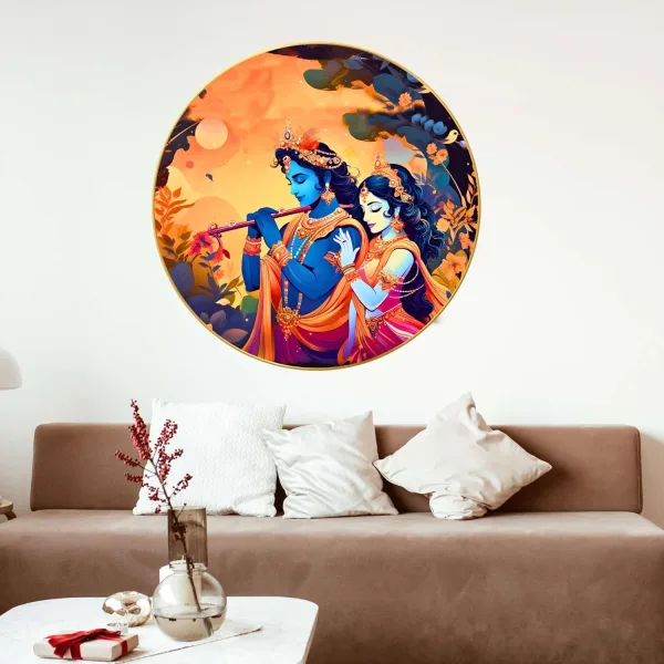 Radha Krishna Wall Painting for Wall Decoration with Frame Sparkle Glossy Round Golden Framed