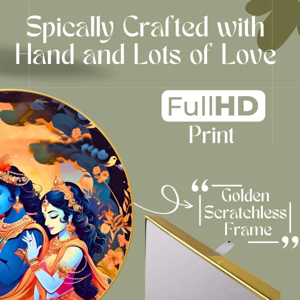 Radha Krishna Wall Painting for Wall Decoration with Frame Sparkle Glossy Round Golden Framed