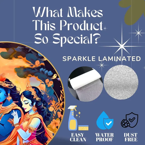 Radha Krishna Wall Painting for Wall Decoration with Frame Sparkle Glossy Round Golden Framed