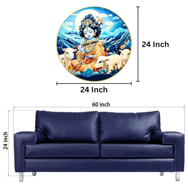 Radha Krishna Wall Painting for Wall Decoration with Frame Sparkle Glossy Round Golden Framed