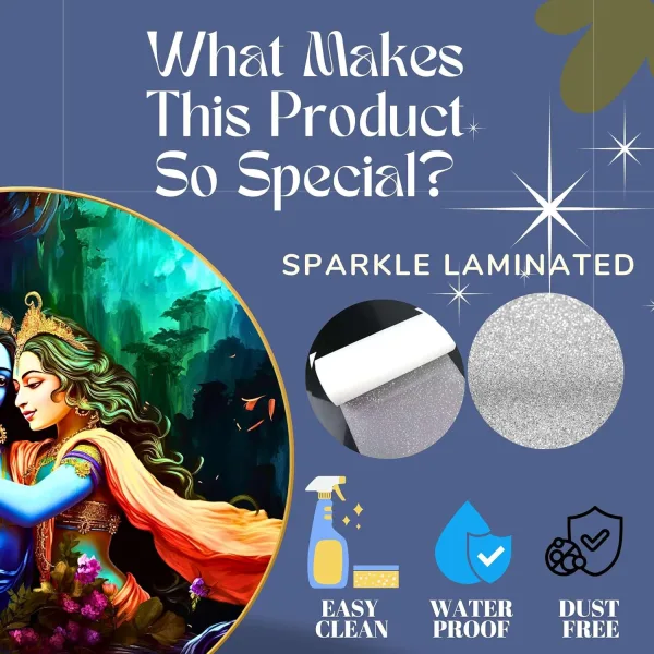 Radha Krishna Wall Painting for Wall Decoration with Frame Sparkle Glossy Round Golden Framed