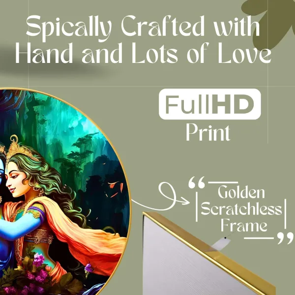 Radha Krishna Wall Painting for Wall Decoration with Frame Sparkle Glossy Round Golden Framed