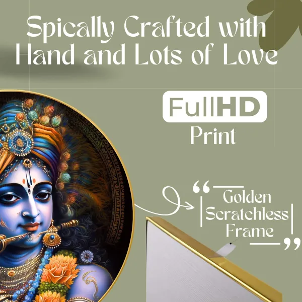 Radha Krishna Wall Painting for Wall Decoration with Frame Sparkle Glossy Round Golden Framed