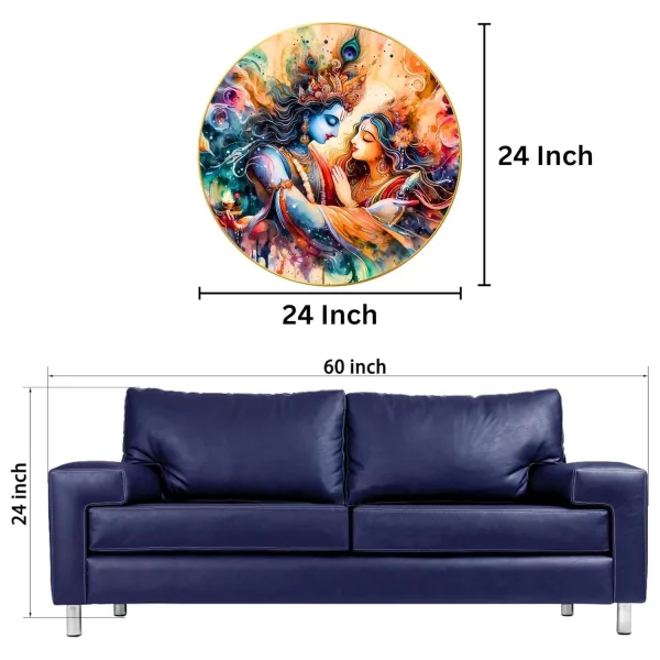 Radha Krishna Wall Painting for Wall Decoration with Frame Sparkle Glossy Round Golden Framed